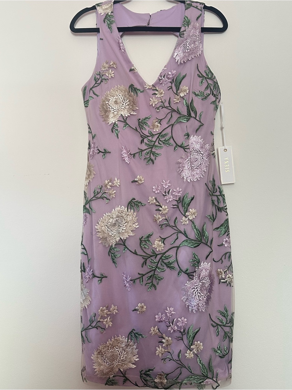 Embroidered Open Back Lavendar Knee Length Dress Floral Embroidery Size 10 NWT